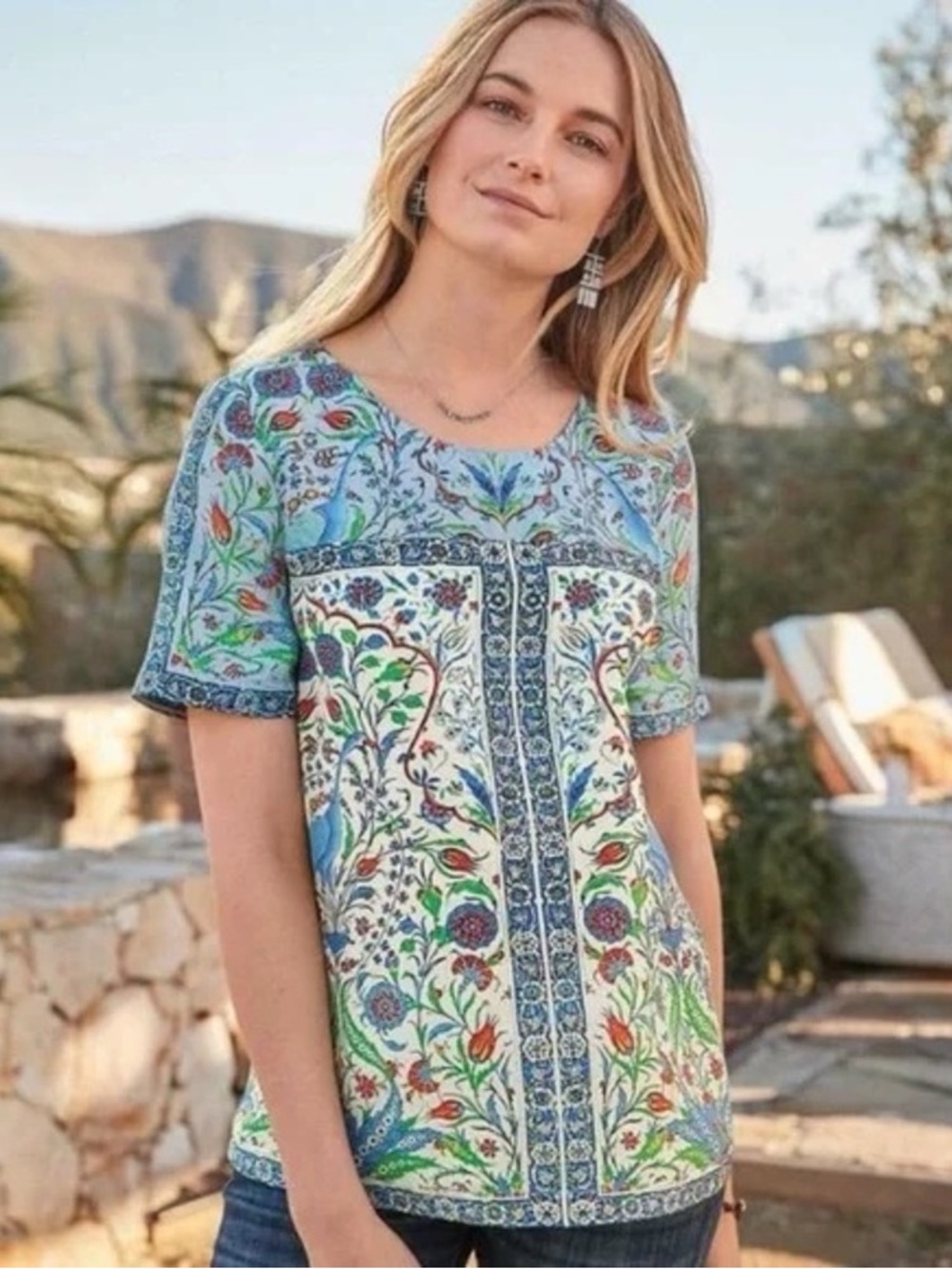 Sundance Silk Izmir Peacock Floral Short Sleeve Top